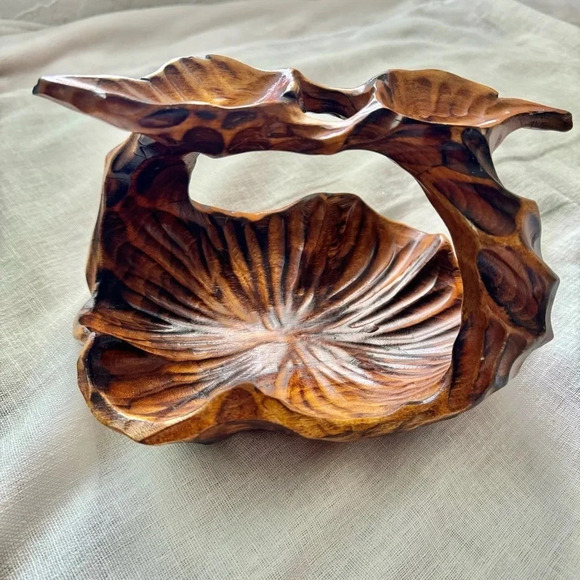 Vintage Carved Wooden Charcuterie Bowl with Handle - Picture 3 of 9